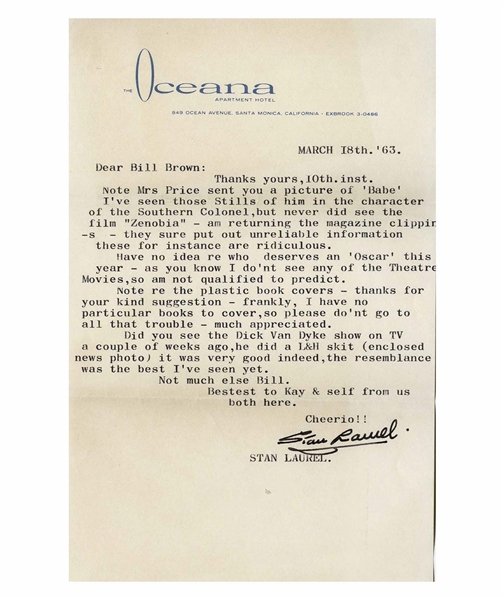 Stan Laurel Letter Signed -- ''...Did you see the Dick Van Dyke show on TV a couple of weeks ago, he did a L&H skit (enclosed news photo) it was very good indeed...''